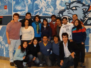 Students from the Universidad Technologica de Chile in Santiago pose inside the                                                                                                     Vertical Campus Building at Baruch College. 