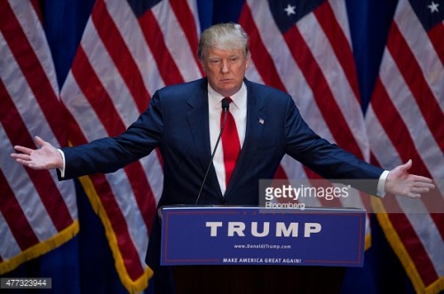 Donald Trump announces his candidacy for president during a rally at his Trump Tower on Fifth Avenue in Manhattan, New York, on Tuesday June 16, 2015. Mr. Trump also announced the release of a financial statement that he says denotes a personal net worth of over 8 billion dollars.