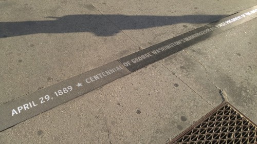 Centennial commemorital marker of George Washington's inauguration on Broadway in downtown Manhattan